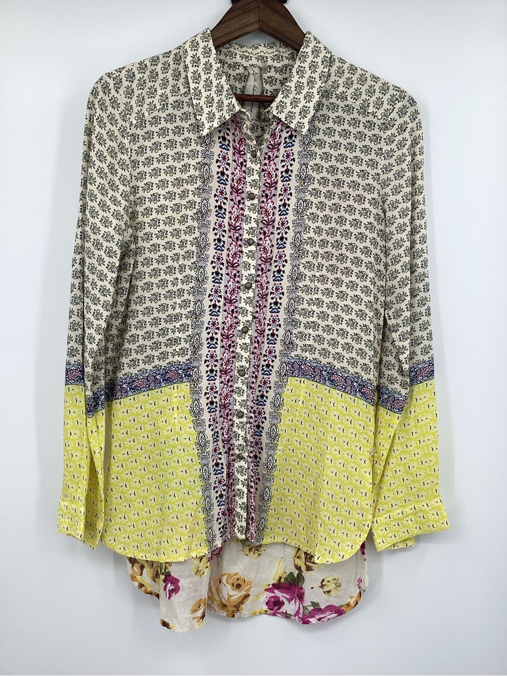 Aratta Floral Bird Embroidered Button-Up Blouse in Cream, Yellow & Pink